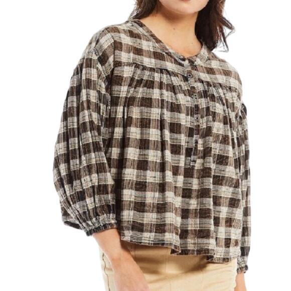 Free People Jessi Plaid Balloon Sleeve Top Small Brown Boho Cottage Casual - Picture 1 of 9
